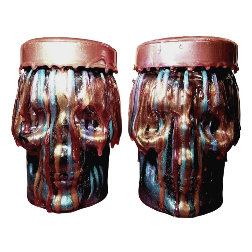 HANDCRAFTED SKULL GLASS CANISTERS - EPOXY RESIN DRIPPED DECOR - 2 PIECES!